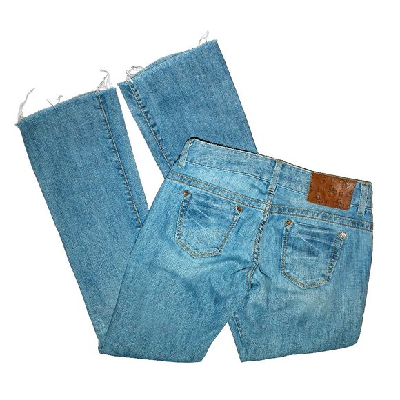 Guess Premium Light Wash Low-Rise Fringe Daredevil Boot Jeans Gold Buttons Sz 26 - Picture 8 of 13